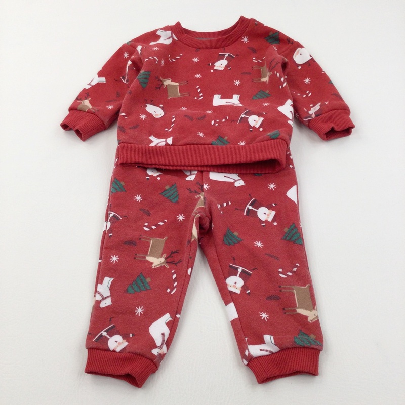 Father Christmas, Trees & Reindeer Red Tracksuit Set - Boys/Girls 9-12 Months