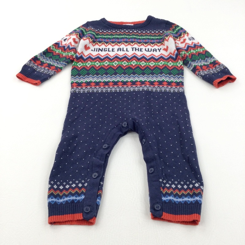 'Jingle All The Way' Navy, Red & Green Knitted Christmas Romper - Boys/Girls 9-12 Months