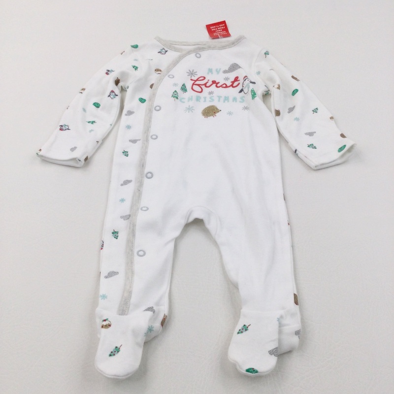 'My First Christmas' Embroidered White & Grey Babygrow - Boys/Girls 0-3 Months