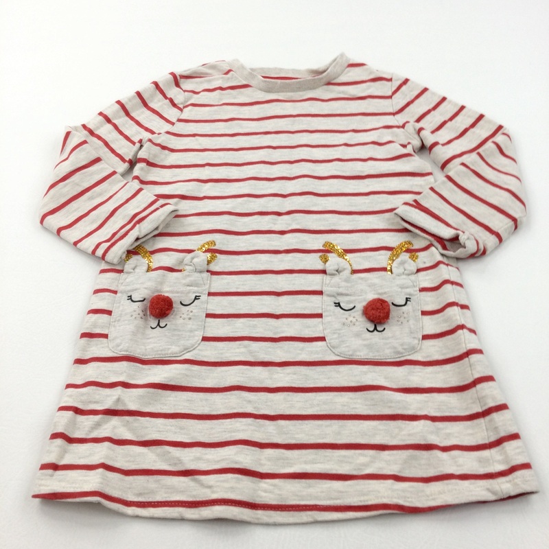 Reindeer Pockets Red & Oatmeal Striped Jersey Christmas Dress - Girls 3-4 Years