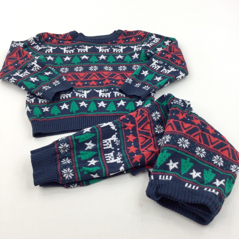 Reindeer, Stars & Christmas Trees Navy & Red Knitted Jumper & Trousers Set - Boys/Girls 18-24 Months