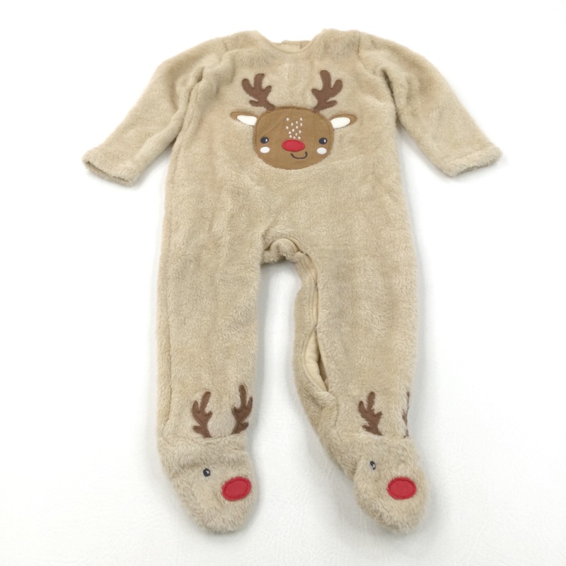 Rudolph Reindeer Appliqued Light Brown Fleece Pramsuit with Enclosed Feet - Boys/Girls 9-12 Months