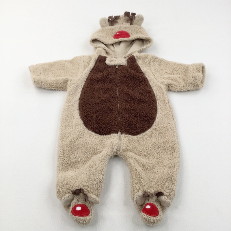 Rudolph Reindeer Beige & Brown Christmas Pramsuit with Hood, Ears & Antlers - Boys/Girls Newborn