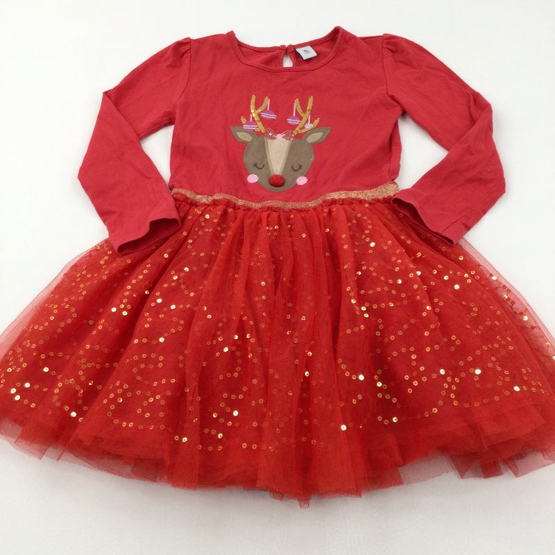 Rudolph Reindeer Sequins Appliqued Red & Gold Jersey & Net Christmas Dress - Girls 6-7 Years