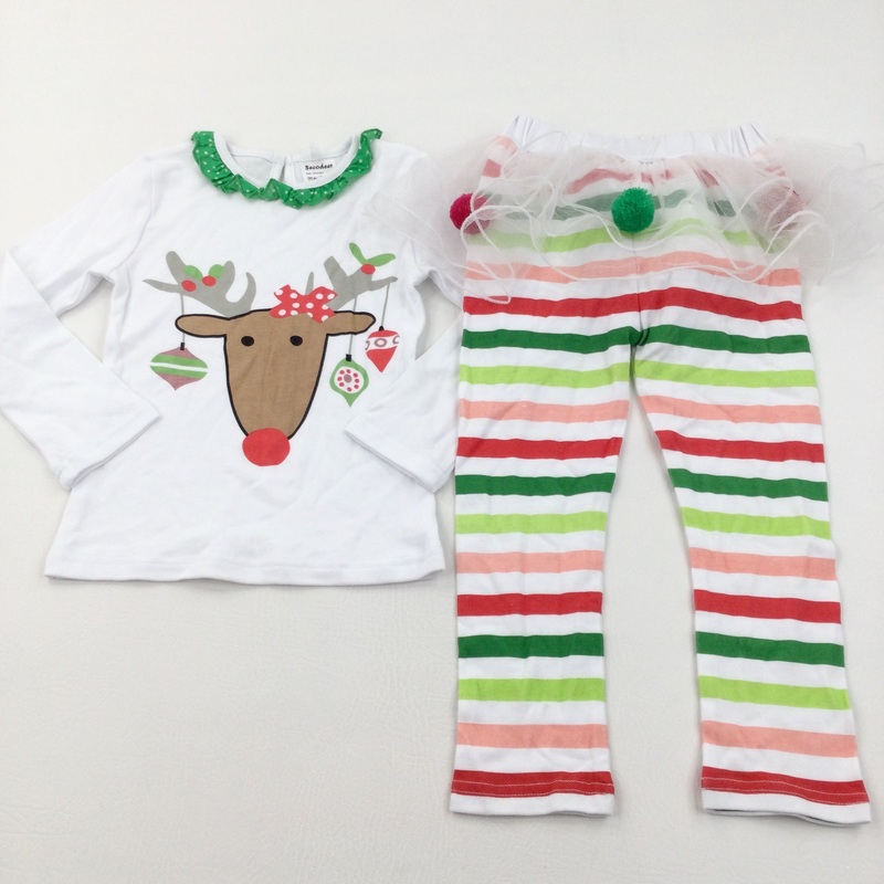 Rudolph Reindeer White Long Sleeve Top & Colourful Striped Christmas Leggings & Net Skirt Set - Girls 2-4 Years