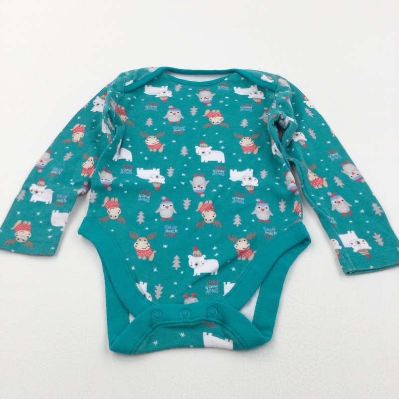 'Snow Much Fun' Reindeer, Polar Bears & Owls Teal Christmas Long Sleeve Bodysuit - Boys/Girls 9-12 Months