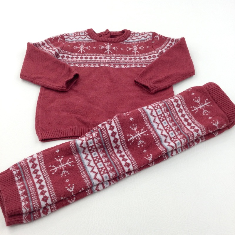 Snowflakes Dark Red & White Knitted Christmas Jumper & Trousers Set - Boys/Girls 9-12 Months