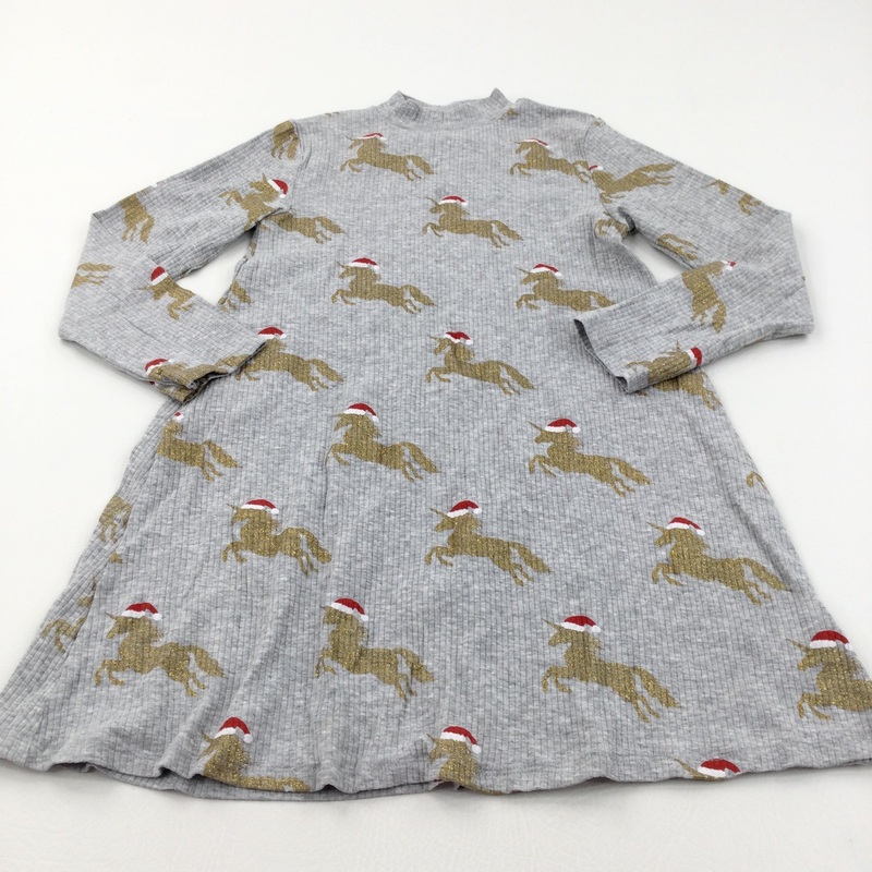 Sparkly Christmas Unicorns Grey Ribbed Jersey Dress - Girls 8 Years