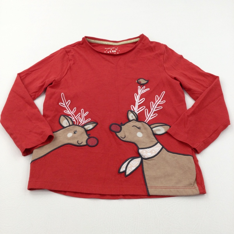 Sparkly Reindeer Appliqued Red Long Sleeve Christmas Top - Girls 5-6 Years