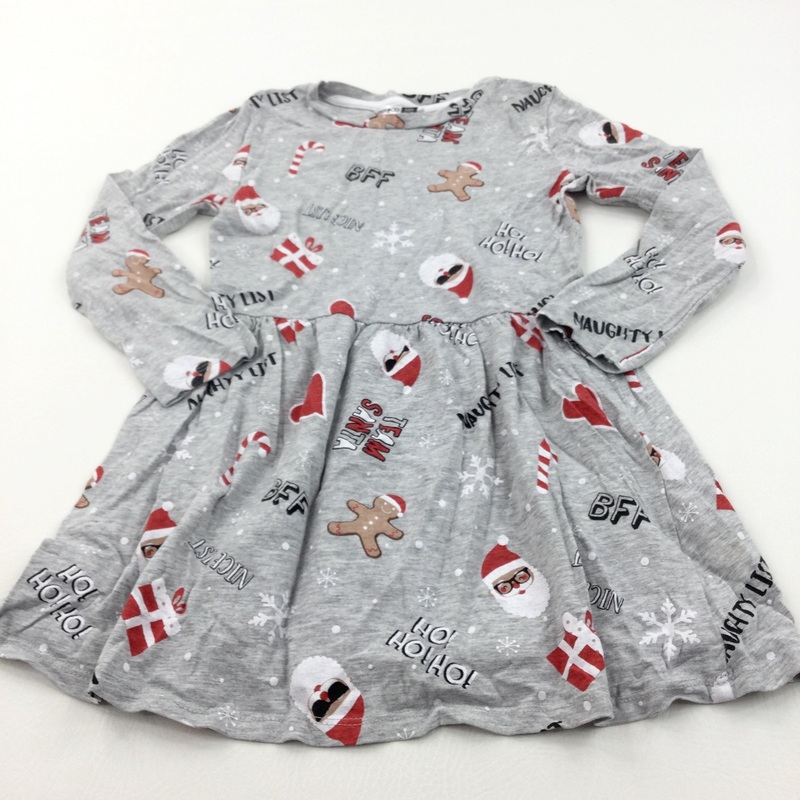 'Team Santa' Father Christmas & Gingerbread Men Grey Jersey Dress - Girls 5-6 Years