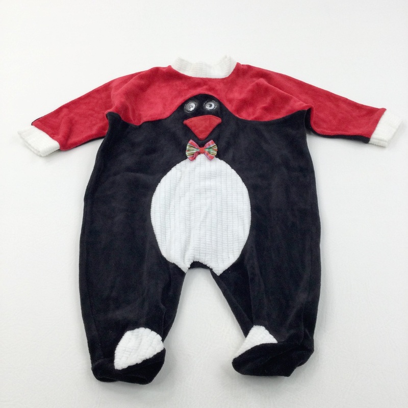 Vintage Googly Eye Penguin Red & Black Velour Christmas Babygrow - Boys/Girls 0-3 Months
