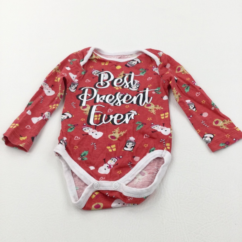 'Best Present Ever' Christmas Scenes Red Long Sleeve Bodysuit - Boys/Girls 0-3 Months