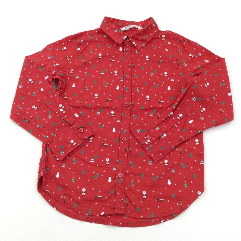 Dinosaurs, Snowmen & Father Christmas Red Cotton Shirt - Boys 6-7 Years