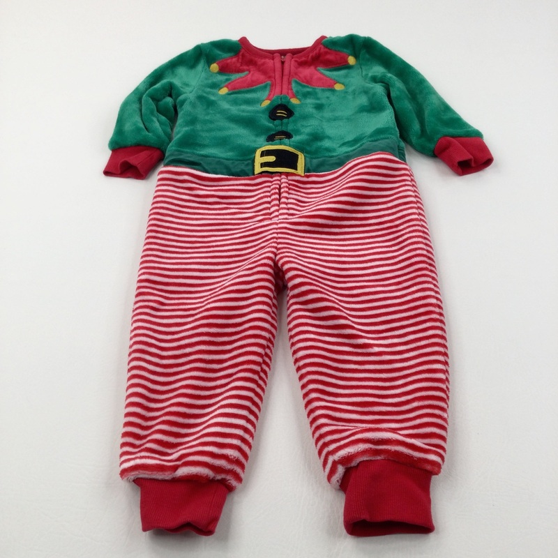 Elf Green, Red & White Fluffy Fleece Onesie - Boys/Girls 18-24 Months