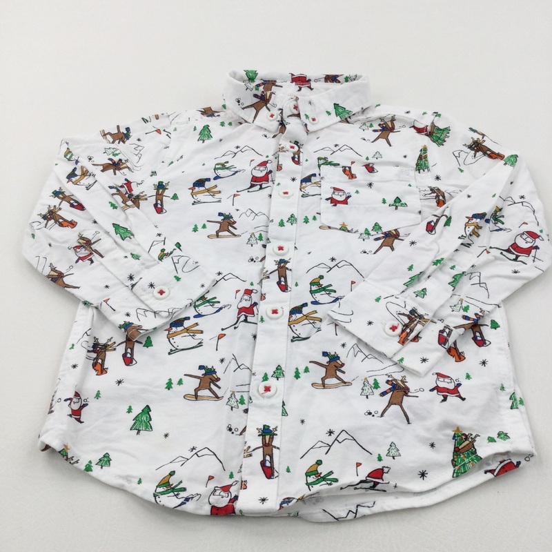 Father Christmas & Skiing Snowmen White Cotton Shirt - Boys 3-4 Years