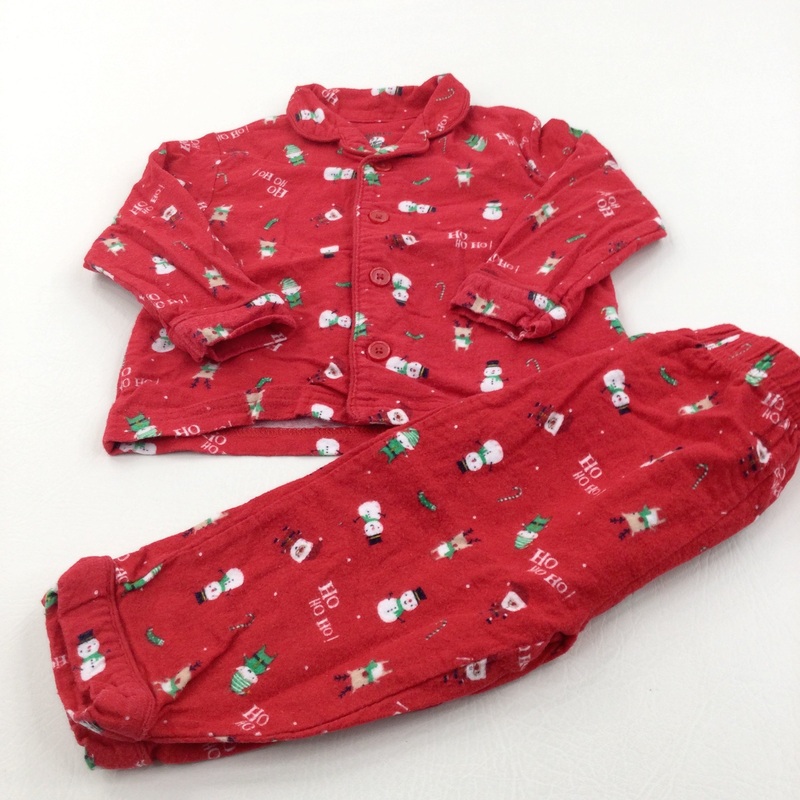 'Ho Ho Ho' Father Christmas & Snowman Red Flannel Pyjamas - Boys/Girls 9-12 Months