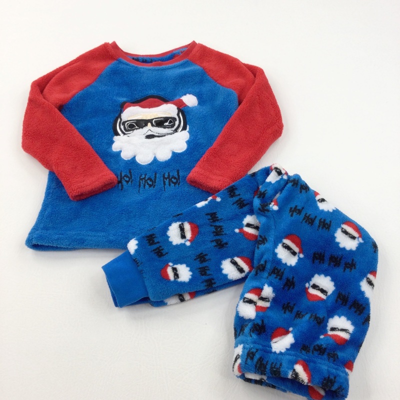 'Ho Ho Ho' Red & Blue Fleece Christmas Pyjamas - Boys 2-3 Years