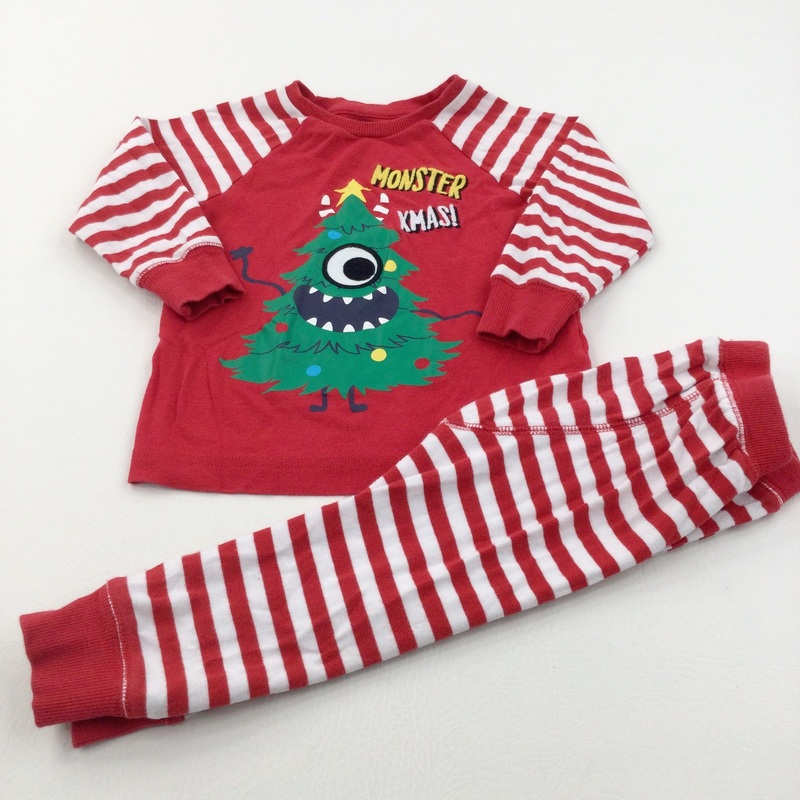 'Monster Xmas' Red & White Christmas Pyjamas - Boys/Girls 18-24 Months