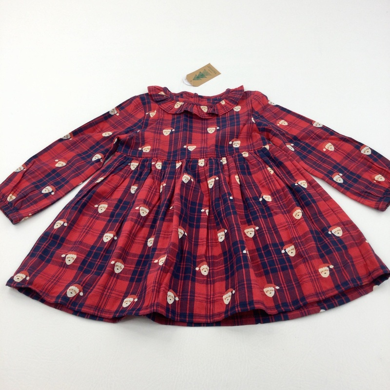 **NEW** Father Christmas Navy & Red Checked Cotton Christmas Dress - Girls 18-24 Months