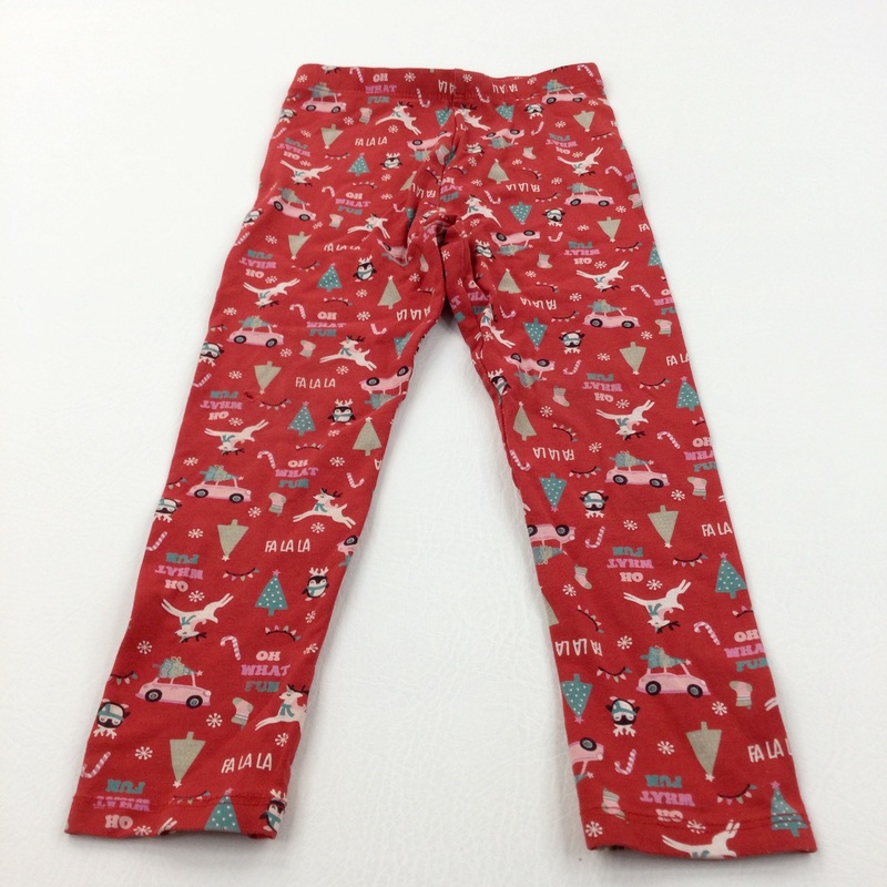 'Oh What Fun, Fa La La La La' Red Christmas Leggings - Girls 3-4 Years