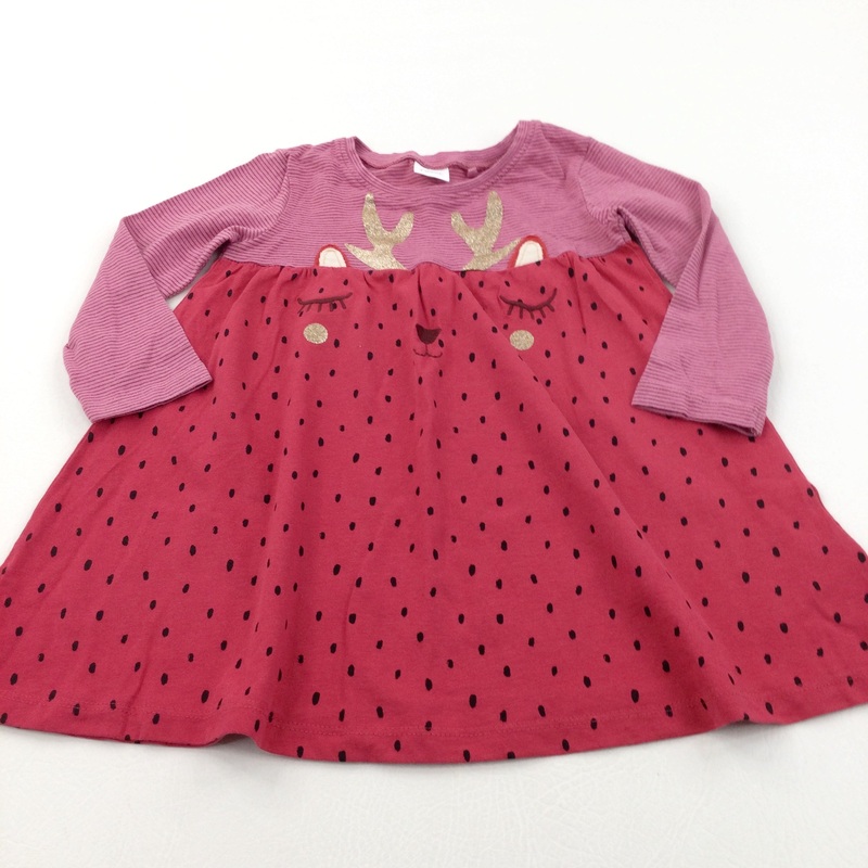 Reindeer Face Glittery Pink & Red Jersey Dress - Girls 12-18 Months