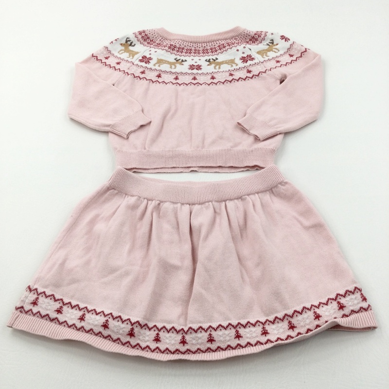 Reindeer & Snowflakes Pink, Red & White Knitted Jumper & Skirt Set - Girls 3-4 Years