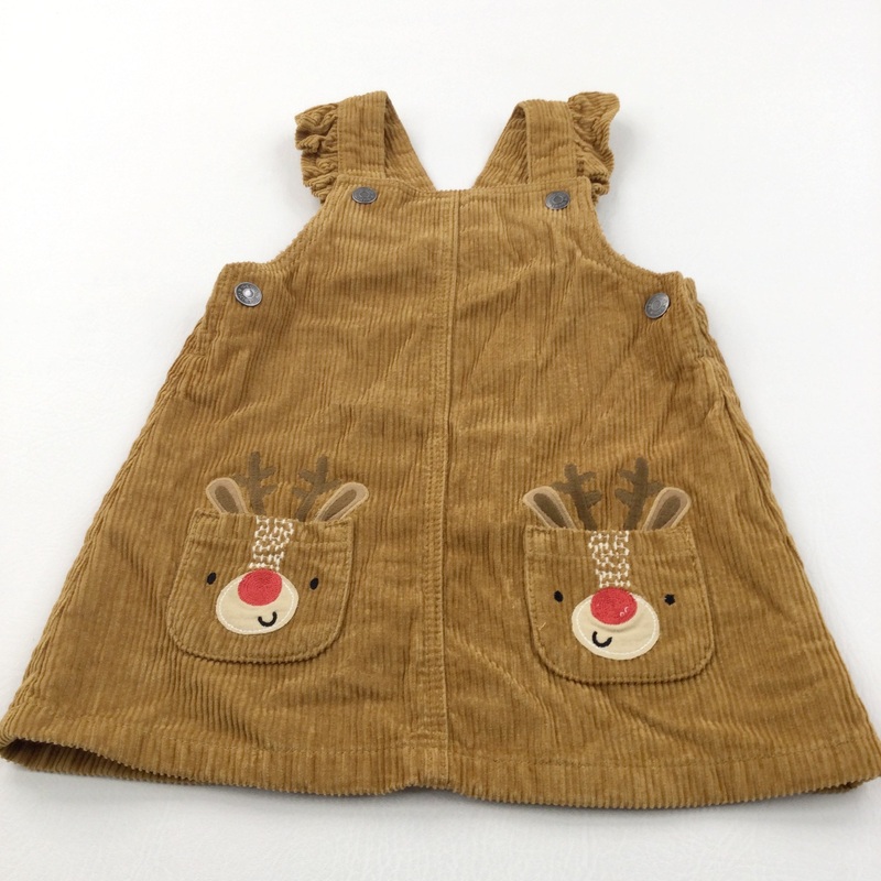 Rudolph Reindeer Embroidered Tan Cord Christmas Dress - Girls 12-18 Months