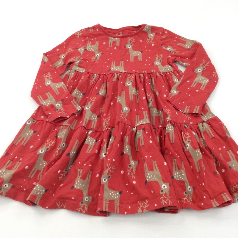 Rudolph Reindeer Glittery Red Jersey Christmas Dress - Girls 4-5 Years