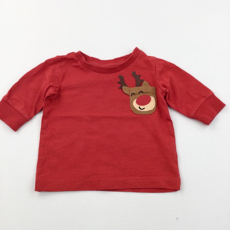 Rudolph Reindeer Pocket Red Half Sleeve Christmas Top - Boys/Girls 3-6 Months