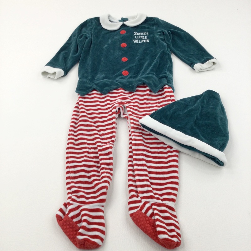 'Santa's Little Helper' Dark Green, Red & White Velour Babygrow/Onesie & Hat Set - Boys/Girls 18-24 Months