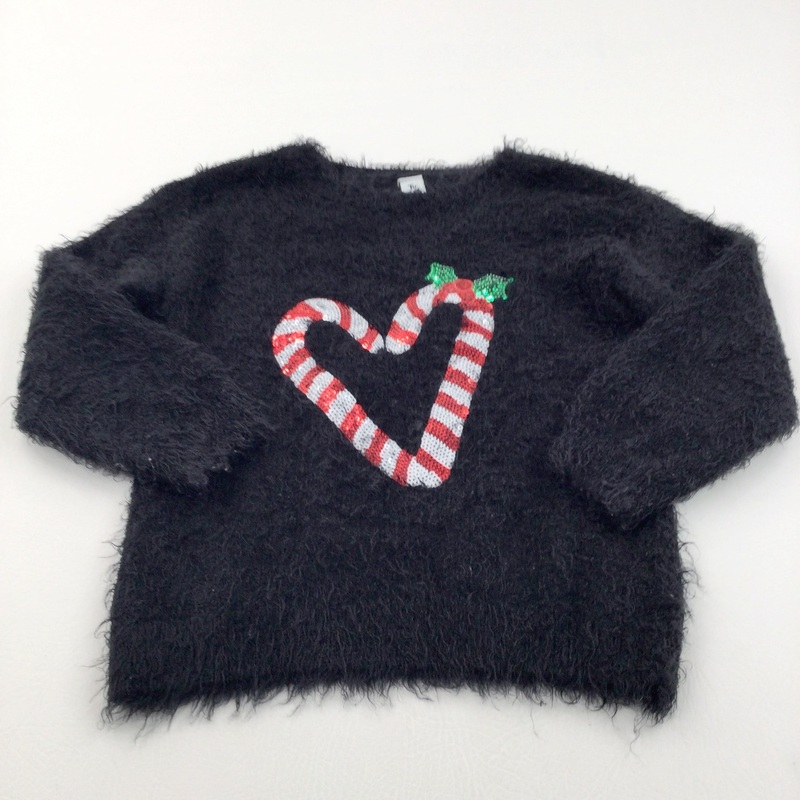 Sequins Candy Cane Heart Black Fluffy Christmas Jumper - Girls 7 Years