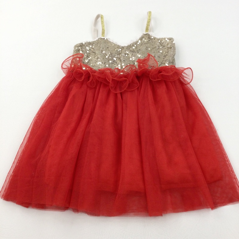 Sequins Gold, White & Red Net Party Dress - Girls 3-4 Years