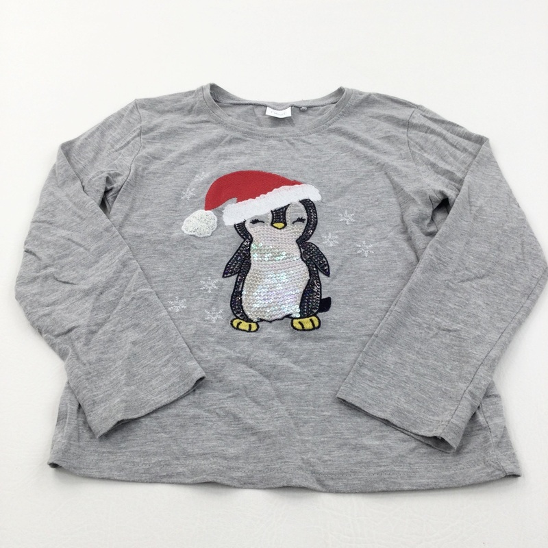 Sequins Penguin Embroidered Grey Christmas Top - Girls 4-5 Years