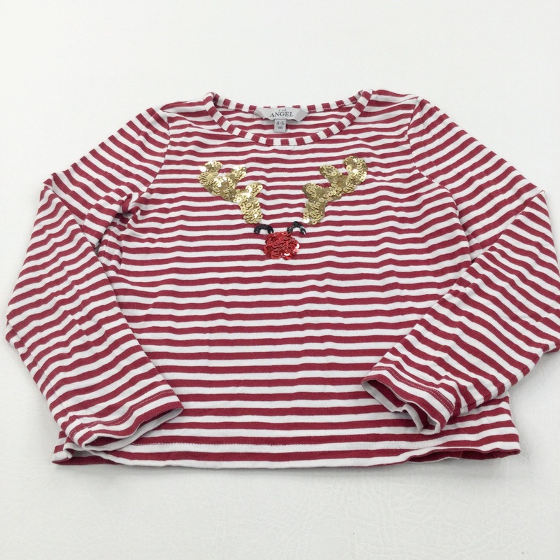 Sequins Reindeer Red & White Striped Long Sleeve Top - Girls 4-5 Years