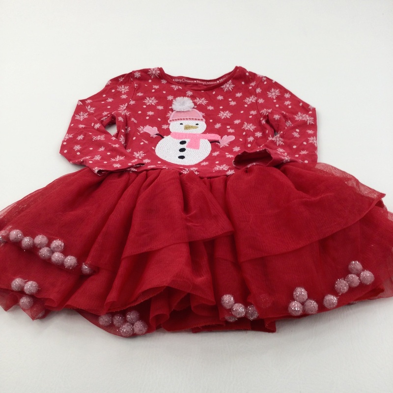 Sequins Snowman Red Jersey & Net Christmas Dress - Girls 3-4 Years