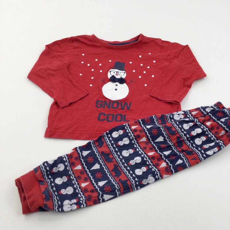 'Snow Cool' Snowman Red & Navy Christmas Pyjamas - Boys/Girls 18-24 Months