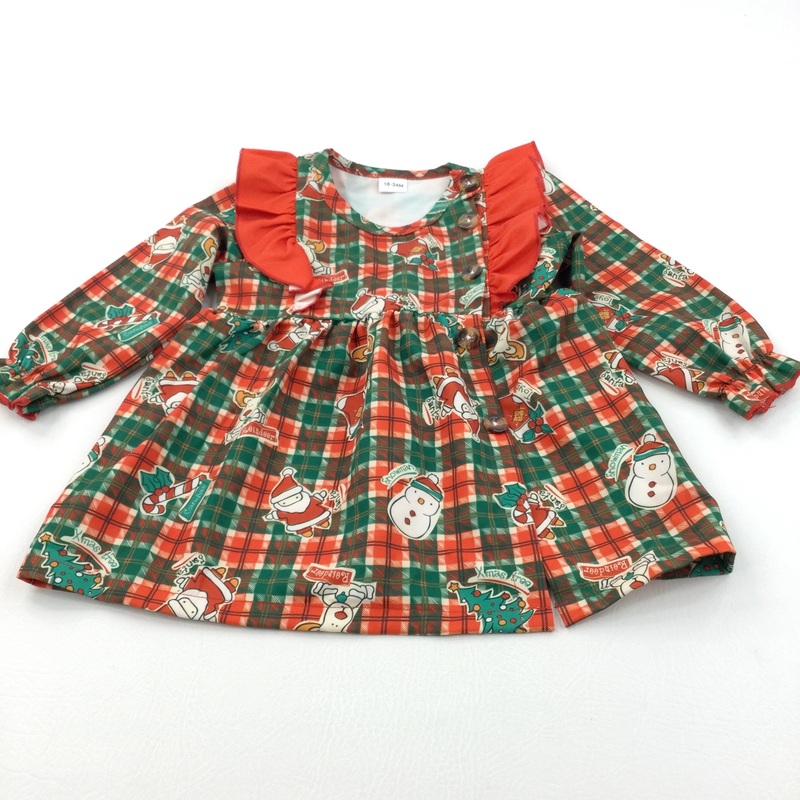 'Snowman, Reindeer, Santa' Green & Red Checked Polyester Christmas Dress - Girls 18-24 Months