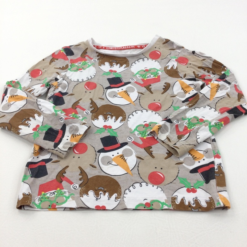 Snowmen, Christmas Puddings & Santa Light Brown Long Sleeve Top - Boys/Girls 2-3 Years