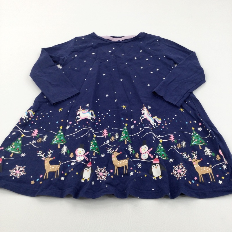 Unicorns, Christmas Trees & Penguins Navy Jersey Christmas Dress - Girls 4-5 Years