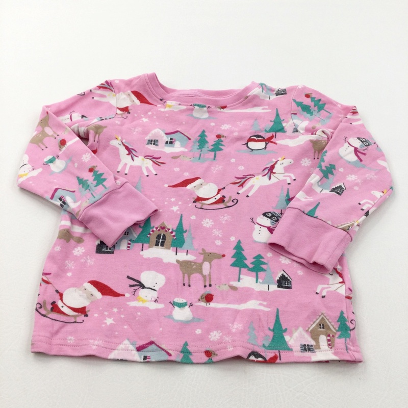 Unicorns & Father Christmas Pink Pyjama Top - Girls 2-3 Years