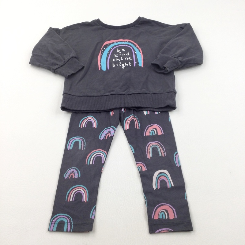 'Be Kind Shine Bright' Rainbows Charcoal Grey Tracksuit Set - Girls 2-3 Years
