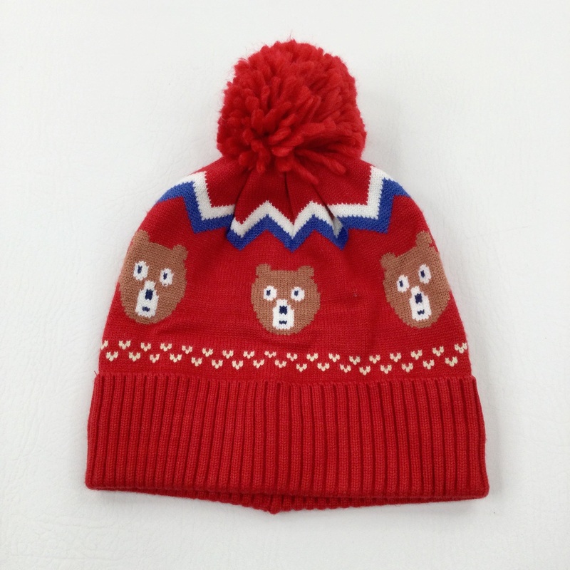 Bears Red Knitted Winter Bobble Hat - Boys/Girls 6-7 Years