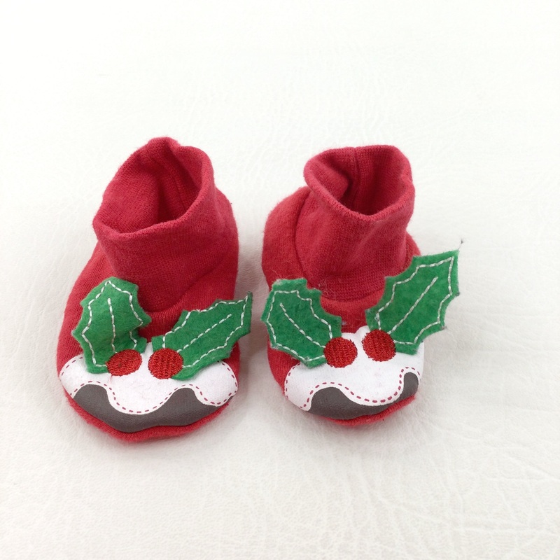 Christmas Puddings Appliqued Red Jersey Booties - Boys/Girls 0-3 Months