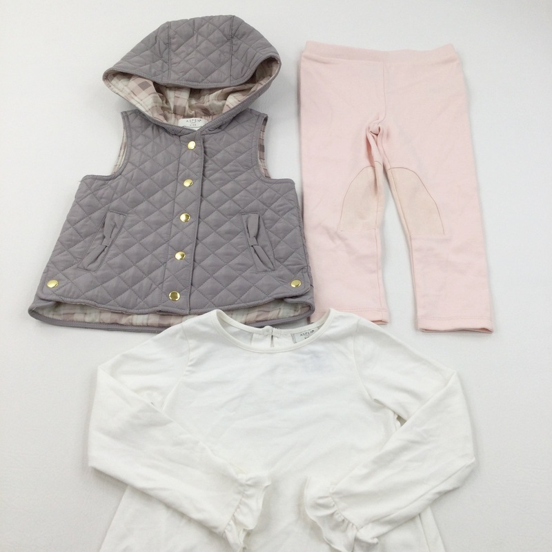Grey Quilted Gilet with Hood, Pink Leggings & Cream Long Sleeve Top Set - Girls 3-4 Years