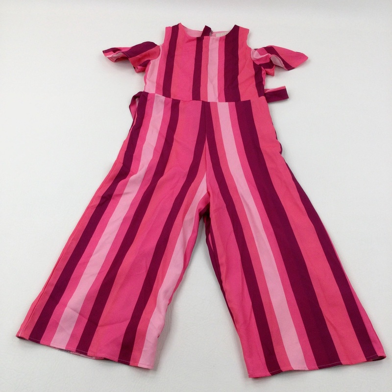 Purple & Pink Striped Cold Shoulder Jumpsuit - Girls 7-8 Years