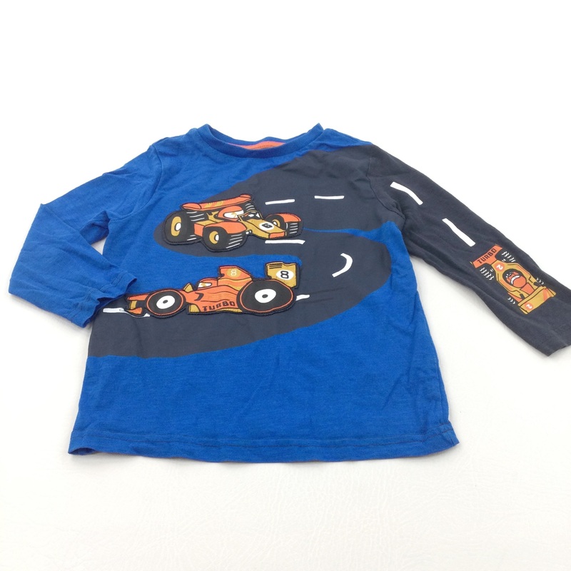 Racing Cars Appliqued Blue & Black Long Sleeve Top - Boys 2-3 Years