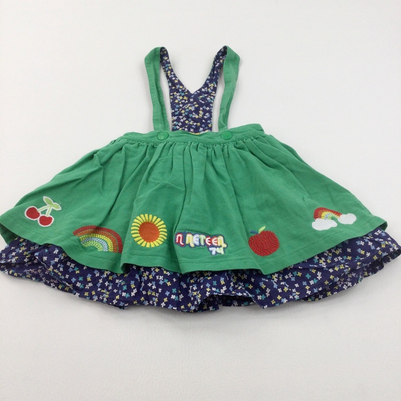 Rainbows, Sunshine & Flowers Embroidered Green & Navy Cotton Skirt with Detachable Straps - Girls 2-3 Years