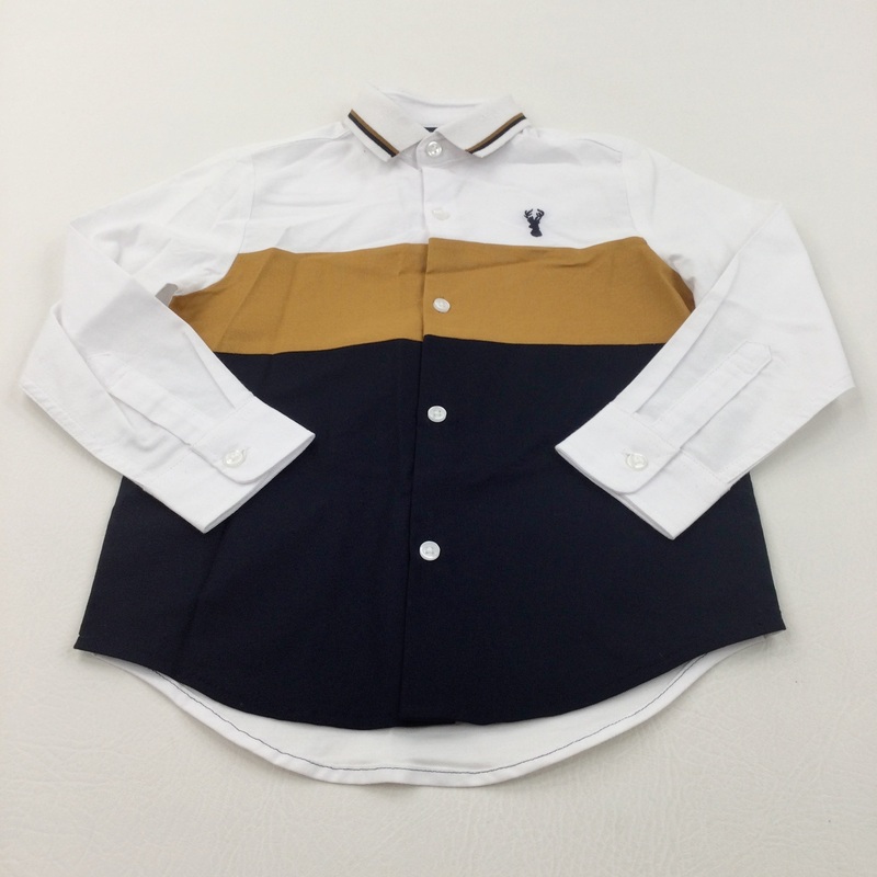Stag Motif Tan, Navy & White Cotton Shirt - Boys 3-4 Years