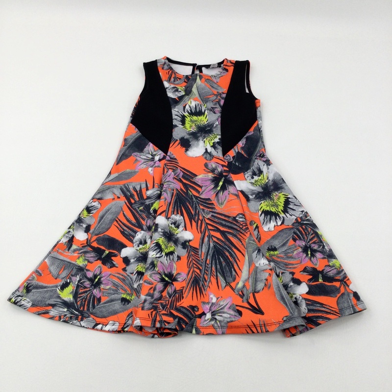 Tropical Flowers Neon Orange Dress - Girls 7-8 Years