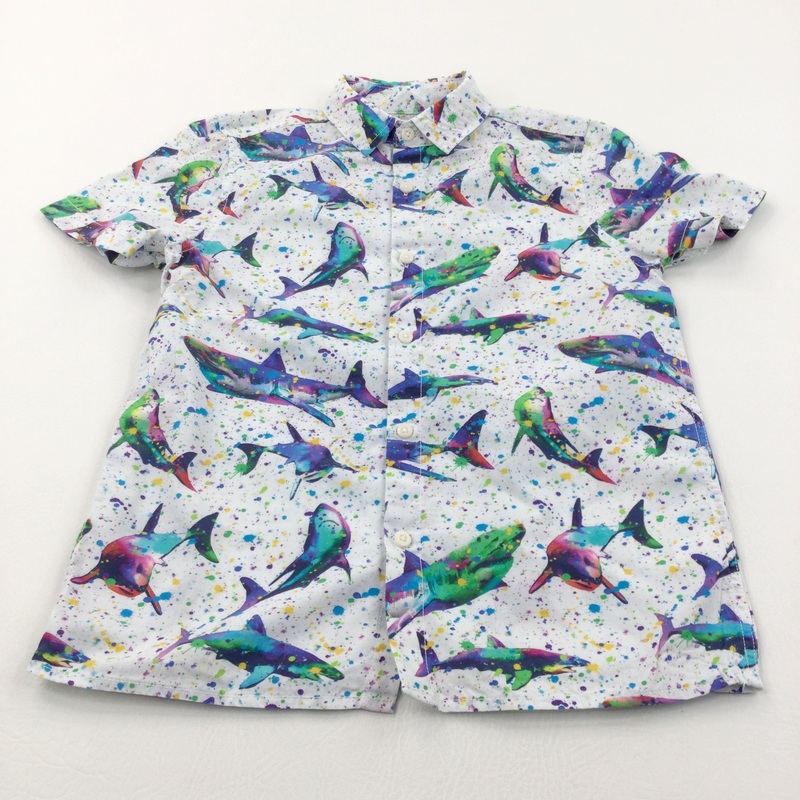 Colourful Sharks Paint Spatter White Cotton Shirt - Boys 8 Years
